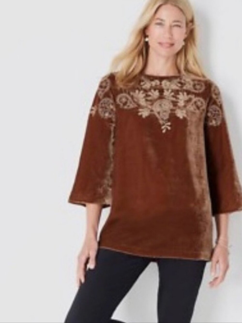 J. Jill Velvet Embroidered Top Brown Size Small